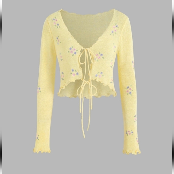 Cider Brown Double Tie Front Cardigan with Floral Embroidered Accents Size M - Picture 6 of 7